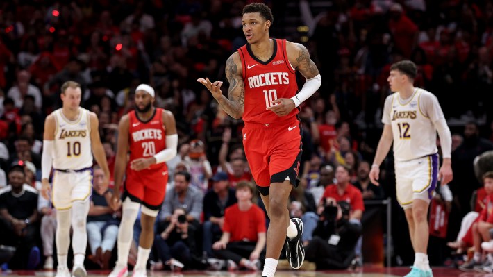 Jabari Smith Jr. #10 of the Houston Rockets reacts after a three point basket in the second half against the Los Angeles Lakers in Game Four of the First Round of the NBA Western Conference Playoffs at Toyota Center on April 26, 2026 in Houston, Texas.