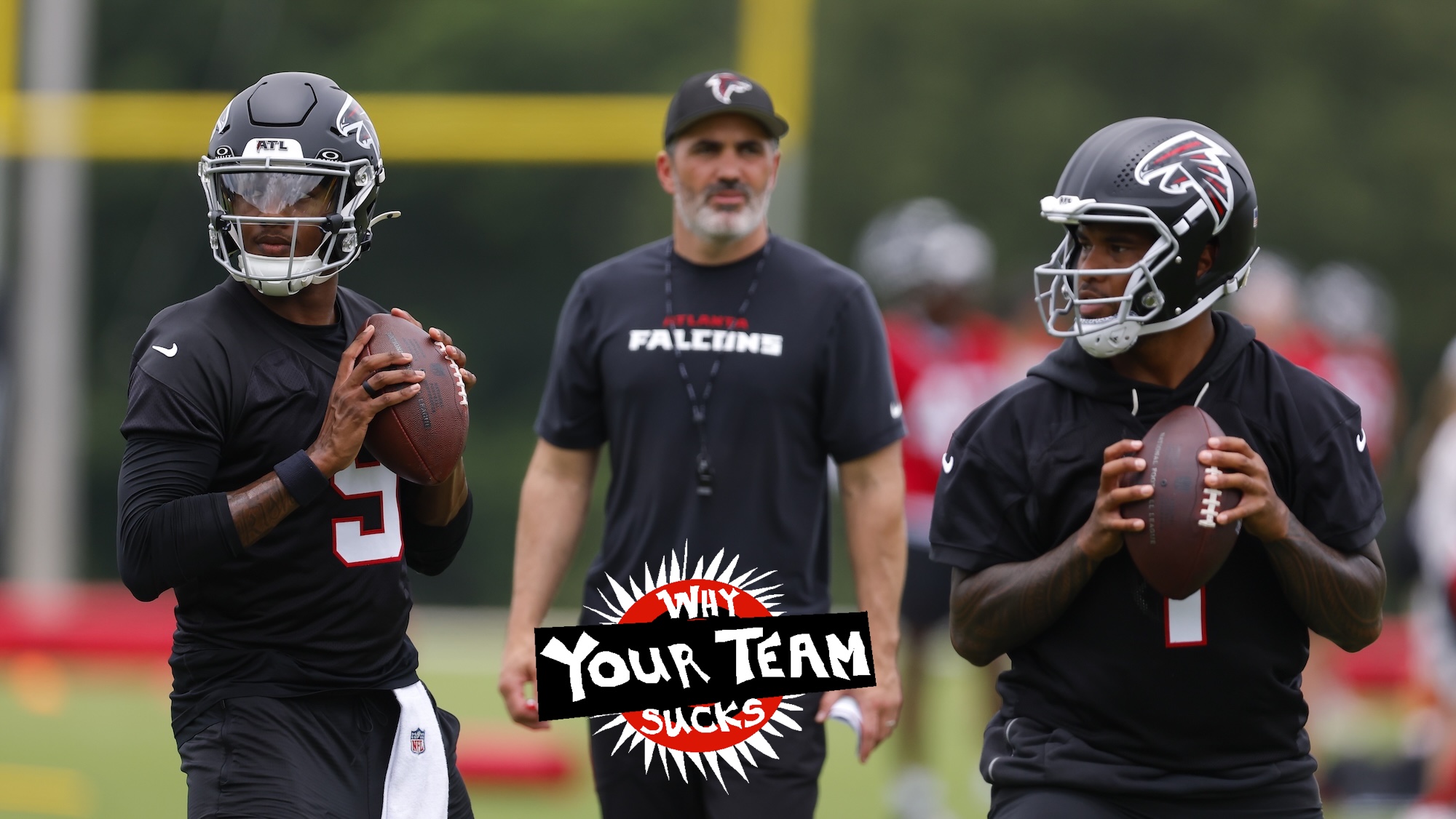 FLOWERY BRANCH, GEORGIA - MAY 27: Michael Penix Jr. #9 of the Atlanta Falcons runs through drills alongside Tua Tagovailoa #1 as head coach Kevin Stefanski looks on during OTA’s at IBM Performance Field on May 27, 2026 in Flowery Branch, Georgia. (Photo by Todd Kirkland/Getty Images) *** Local Caption *** Michael Penix Jr.; Tua Tagovailoa; Kevin Stefanski