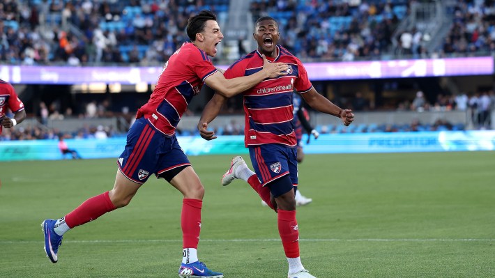 Patrickson Delgado #8 of the FC Dallas and Petar Musa #9 of the FC Dallas celebrate after Delgado score a goal against the San Jose Earthquakes in the first half at PayPal Park on May 16, 2026 in San Jose, California.