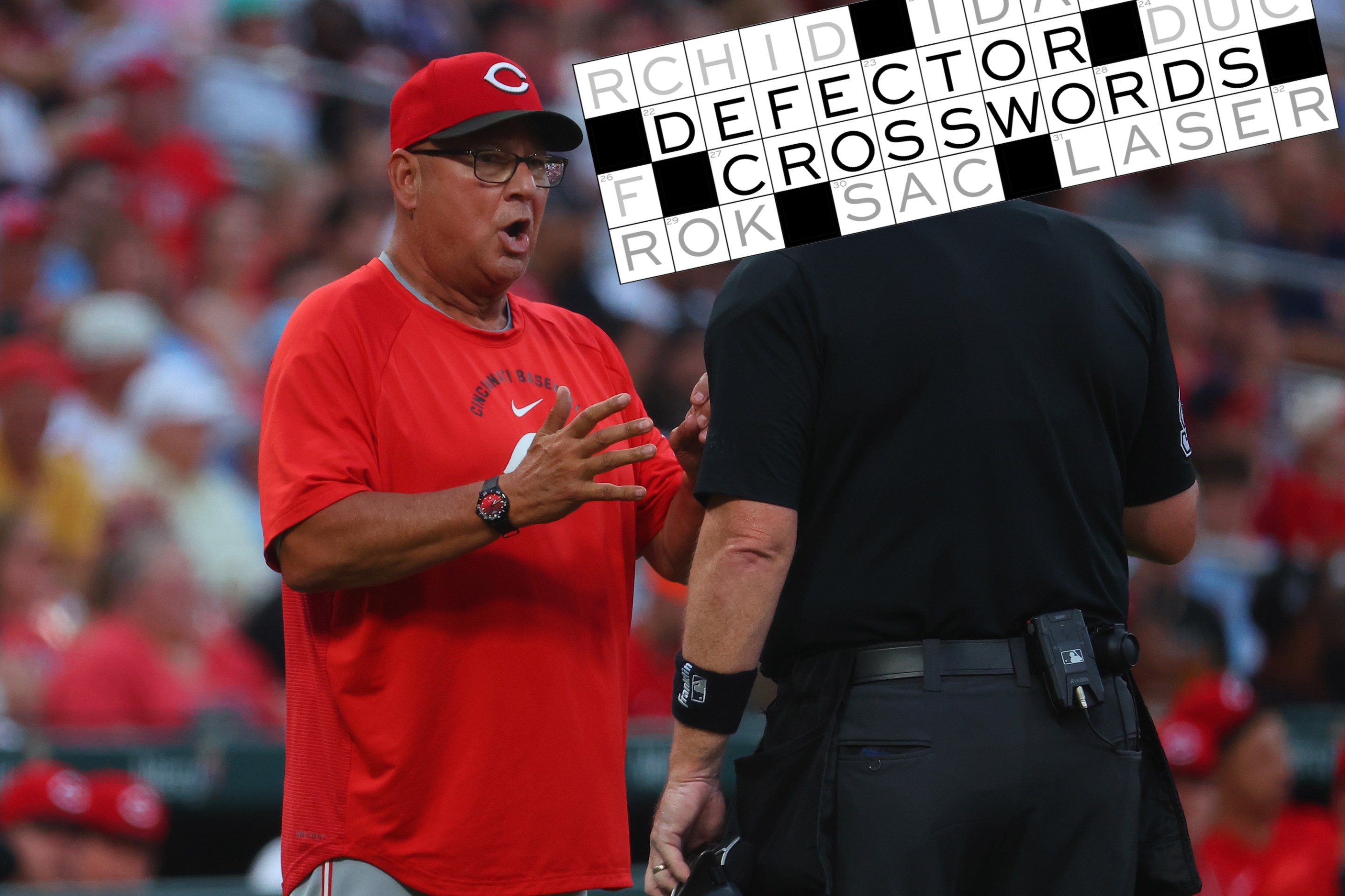 Manager Terry Francona #77 of the Cincinnati Reds argues with umpire Chris Conroy #98 after being ejected from the game in the first inning against the St. Louis Cardinals at Busch Stadium on June 5, 2026 in St Louis, Missouri.