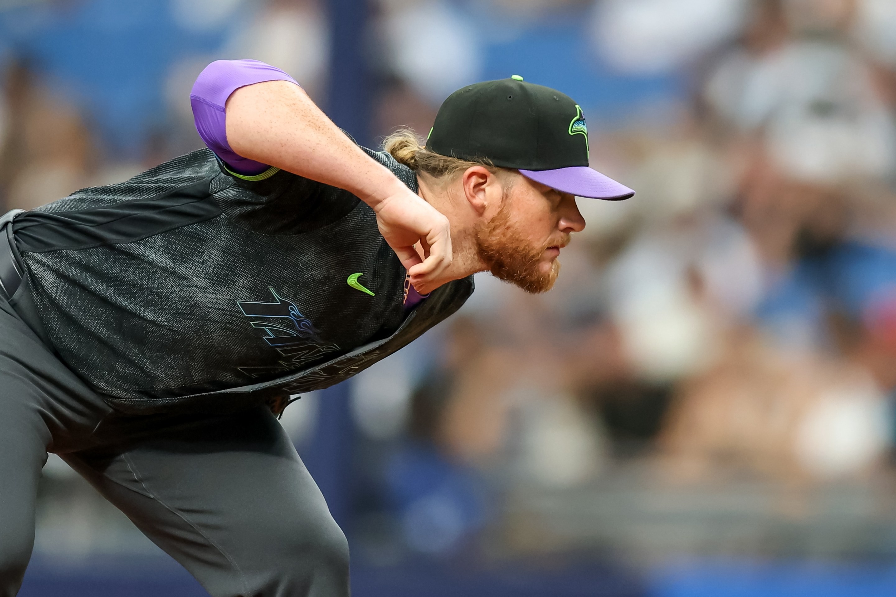 Craig Kimbrel of the Tampa Bay Rays prepares to throw against the Washington Nationals during the sixth inning of a baseball game at Tropicana Field on June 20, 2026.