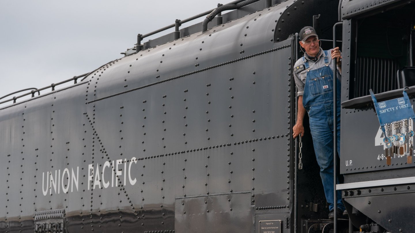 Locomotive Engineer Ed Dickens looks on during Union Pacific Big Boy No. 4014's stop in Cheektowaga during its coast-to-coast tour celebrating America's 250th anniversary on Wednesday, June 10, 2026. (Joed Viera/Buffalo News via Getty Images)