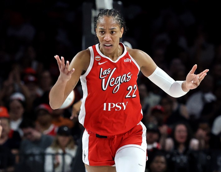 A'ja Wilson #22 of the Las Vegas Aces gestures for a foul call after scoring against the Phoenix Mercury in the first quarter of their game at Michelob ULTRA Arena on July 11, 2026 in Las Vegas, Nevada.
