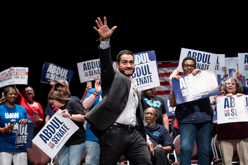Michigan Democratic candidate for Senate Abdul El-Sayed takes the stage at The People V. The Powerful rally at the Detroit Opera House on July 18, 2026 in Detroit, Michigan.
