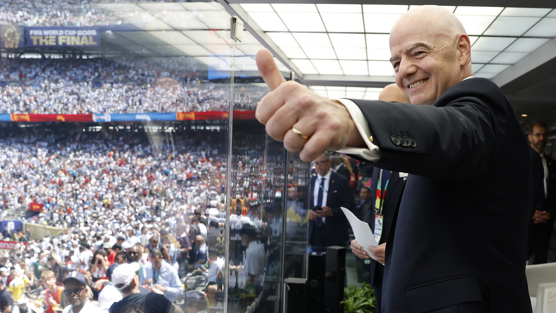 FIFA President Gianni Infantino gestures before the FIFA World Cup 2026 Final match between Spain and Argentina at New York New Jersey Stadium on July 19, 2026 in East Rutherford, New Jersey.