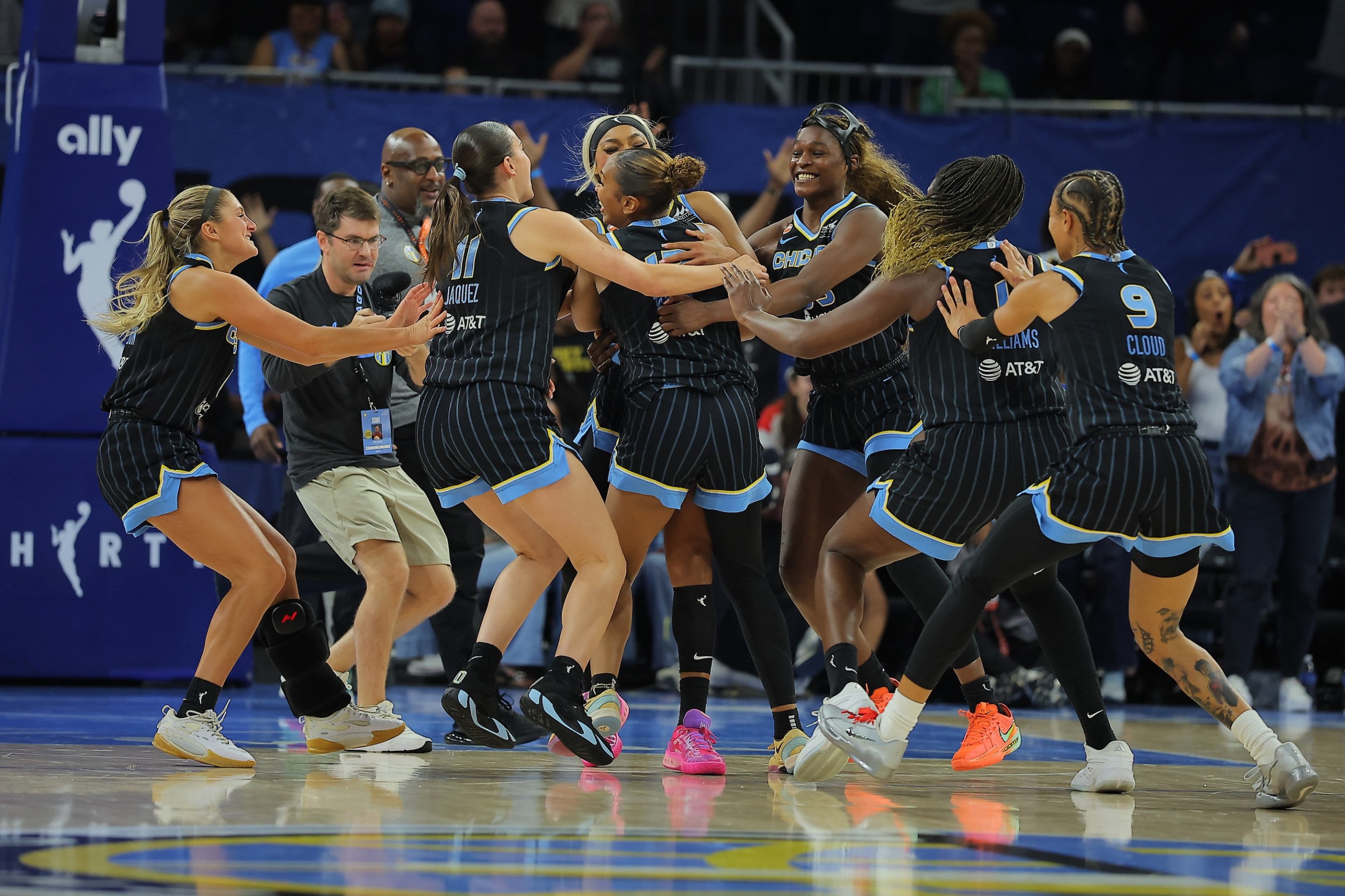 Sydney Taylor #12 of the Chicago Sky celebrates with her teammates after a game winning three-point basket during the second half against the Las Vegas Aces on August 1, 2026 at Wintrust Arena in Chicago, Illinois.