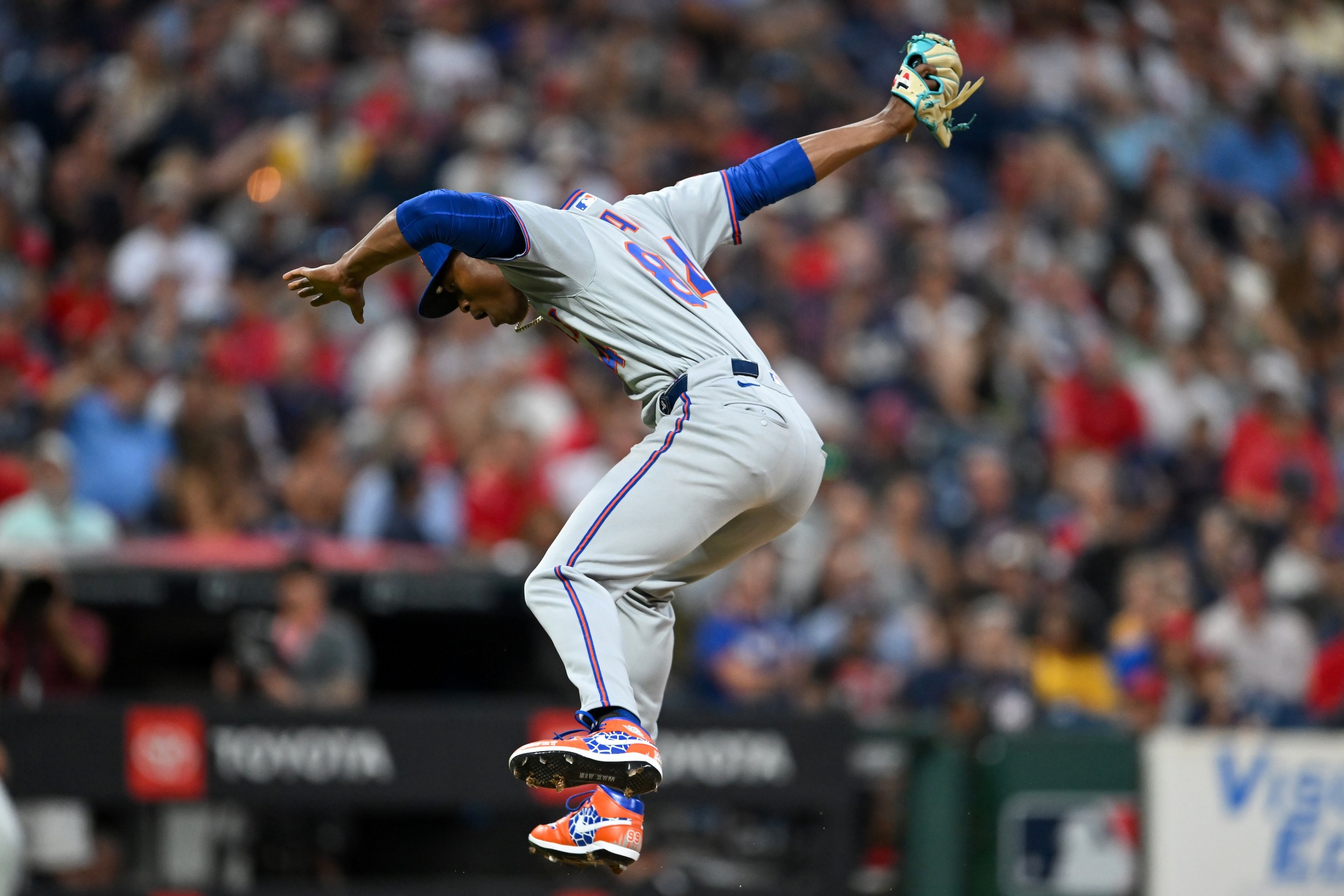 Jefry Yan #84 of the New York Mets celebrates after striking out Angel Martínez #1 of the Cleveland Guardians for his first career strikeout during the sixth inning of his major league debut on August 5, 2026.
