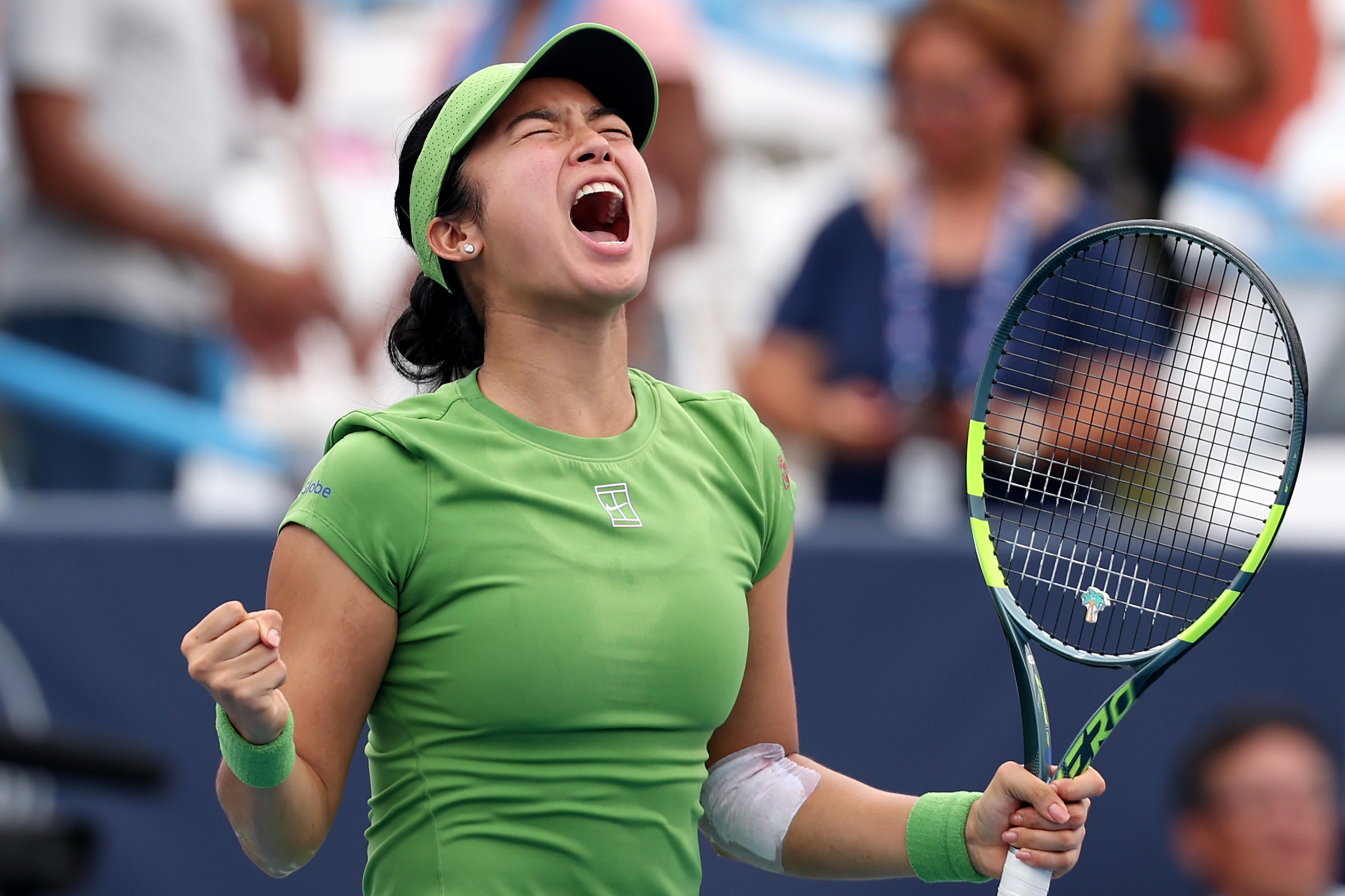 WASHINGTON, DC - AUGUST 01: Alexandra Eala of the Philippines celebrates after winning a women's singles match against Naomi Osaka of Japan on day six of the Mubadala DC Open 2026 at William H.G. FitzGerald Tennis Center on August 01, 2026 in Washington, DC. (Photo by Emilee Chinn/Getty Images)