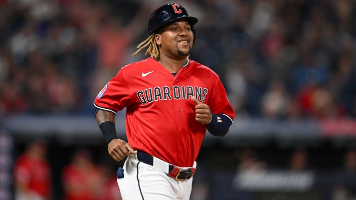 José Ramírez #11 of the Cleveland Guardians enters the game as a pinch runner during the tenth inning against the New York Mets at Progressive Field on August 05, 2026 in Cleveland, Ohio.