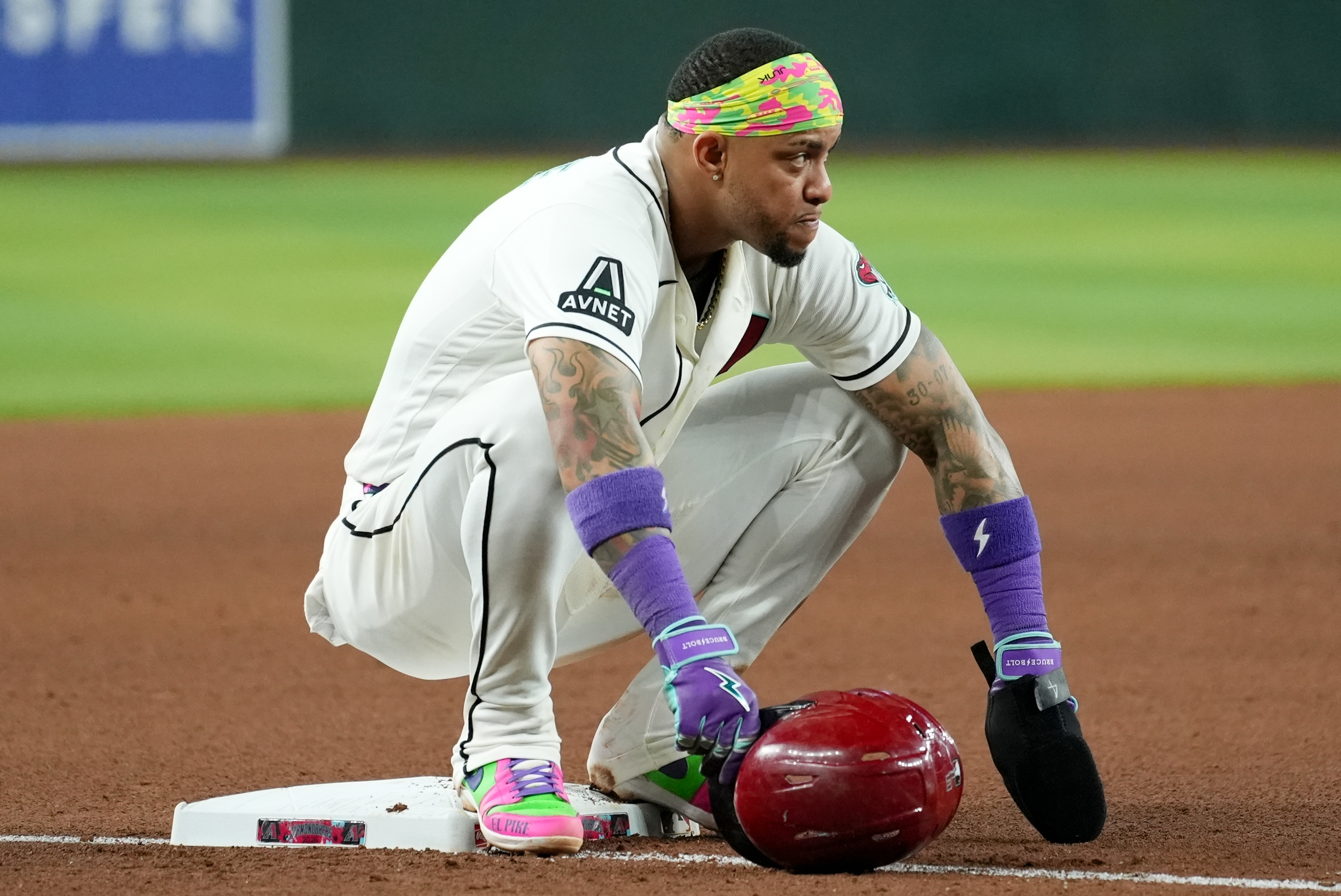 PHOENIX, AZ - AUGUST 12: Ketel Marte #4 of the Arizona Diamondbacks looks on at third base during the game between the Colorado Rockies and the Arizona Diamondbacks at Chase Field on Wednesday, August 12, 2026 in Phoenix, Arizona. (Photo by Zach Gardner/MLB Photos via Getty Images)
