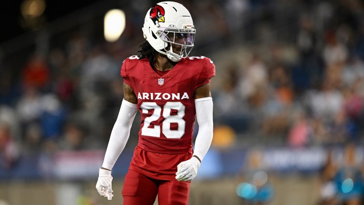 Elijah Jones #28 of the Arizona Cardinals looks on during the fourth quarter of the 2026 Pro Football Hall of Fame Game against the Carolina Panthers at Tom Benson Hall Of Fame Stadium on August 06, 2026 in Canton, Ohio.