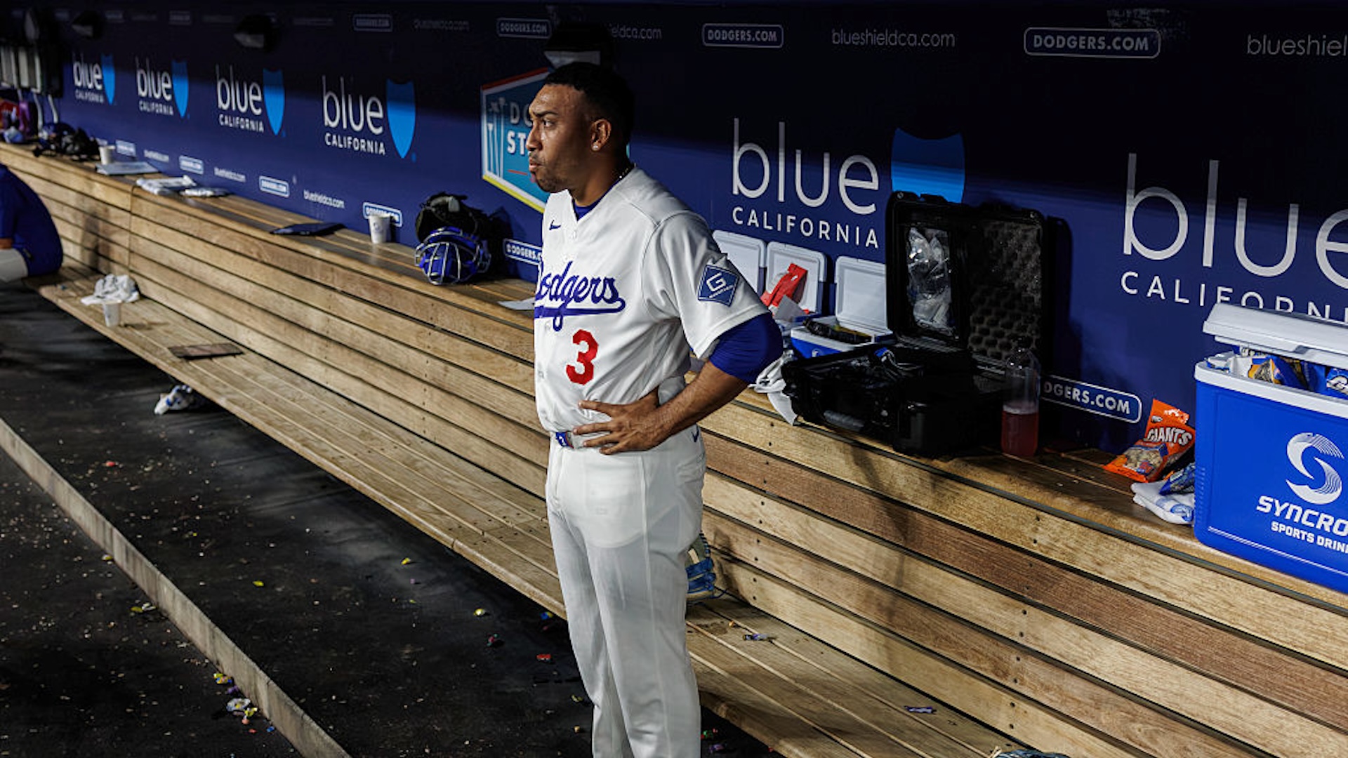Edwin Diaz looking morose in the dugout all by himself