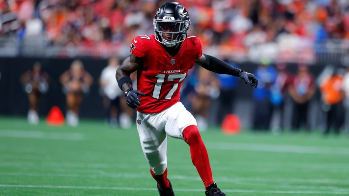 Zachariah Branch #17 of the Atlanta Falcons runs a route during the second quarter against the Denver Broncos in an NFL preseason game at Mercedes-Benz Stadium on August 14, 2026 in Atlanta, Georgia.
