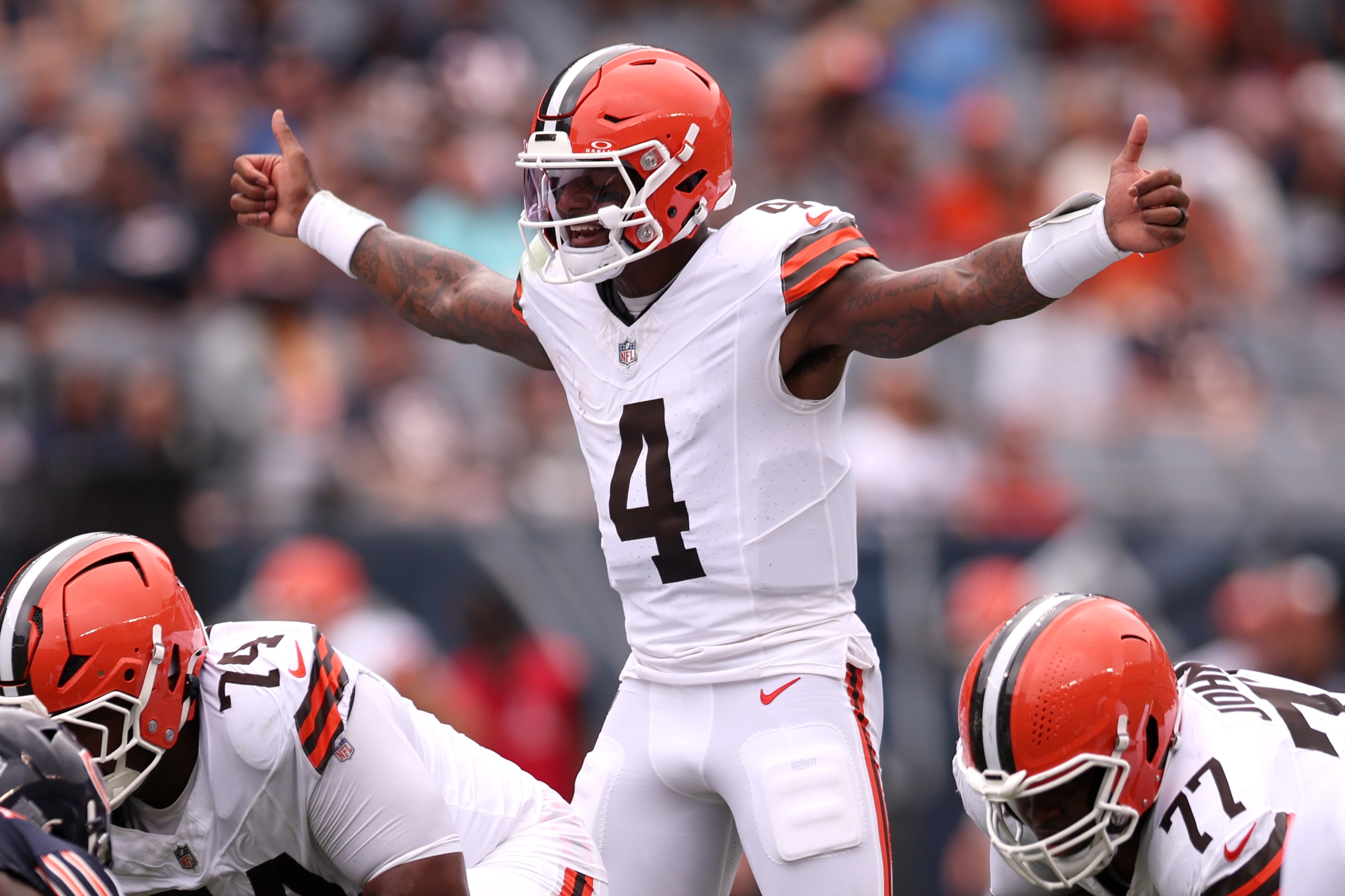 Deshaun Watson of the Cleveland Browns calls a play during a preseason game against the Chicago Bears at Soldier Field on August 15, 2026 in Chicago, Illinois.