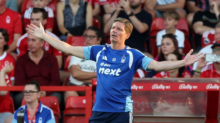 Oliver Glasner, the Nottingham Forest manager issues instructions during the during the pre-season friendly match between Nottingham Forest and Bayer 04 Leverkusen at the City Ground on August 12, 2026 in Nottingham, England.