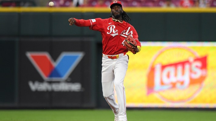 Elly de la Cruz #44 of the Cincinnati Reds throws out Blaze Jordan of the St. Louis Cardinals on a groundout in the seventh inning at Great American Ball Park on August 18, 2026 in Cincinnati, Ohio.