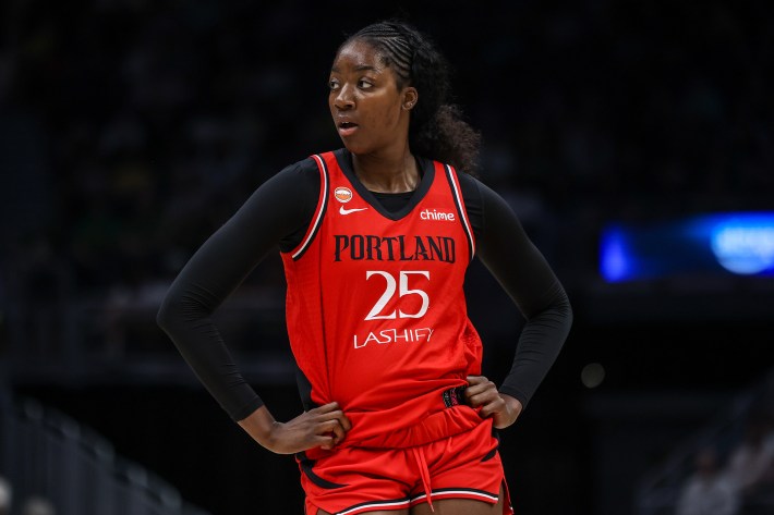 Serah Williams #25 of the Portland Fire looks on during the first quarter against the Seattle Storm at Climate Pledge Arena on August 14, 2026 in Seattle, Washington.