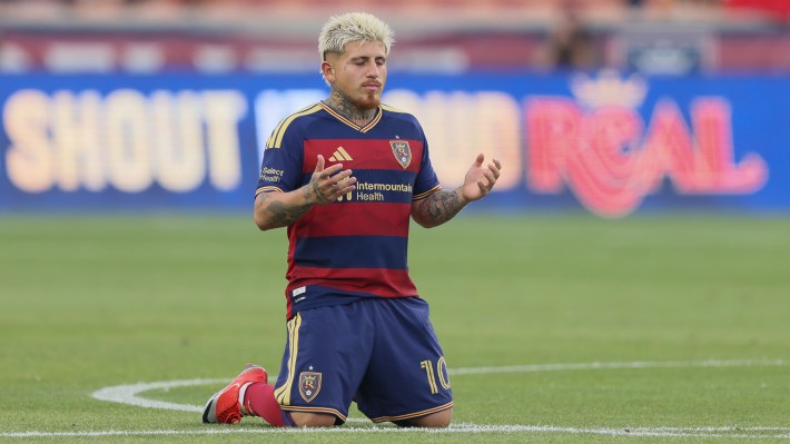 Diego Luna #10 of Real Salt Lake says a prayer before the kickoff against FC Dallas during the first half of their match at America First Field on August 19, 2026 in Sandy, Utah.