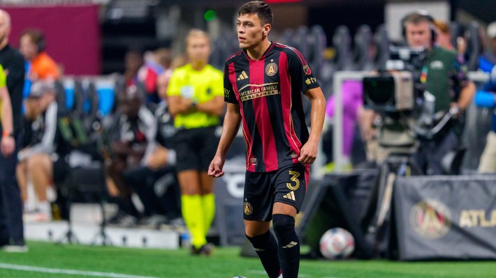 Elías Báez #3 of the Atlanta United controls the ball during the match between Atlanta United FC and Red Bull New York at Mercedes-Benz Stadium on August 15, 2026 in Atlanta, Georgia.