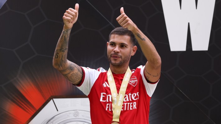 A thumbs up from Bruno Guimaraes of Arsenal as he celebrates winning the 2026 FA Community Shield match between Arsenal and Manchester City at Principality Stadium on August 16, 2026 in Cardiff, Wales.