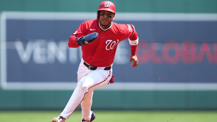 Jorbit Vivas #84 of the Washington Nationals runs to third base during the baseball game against the Cincinnati Reds at Nationals Park on August 9, 2026 in Washington, DC.