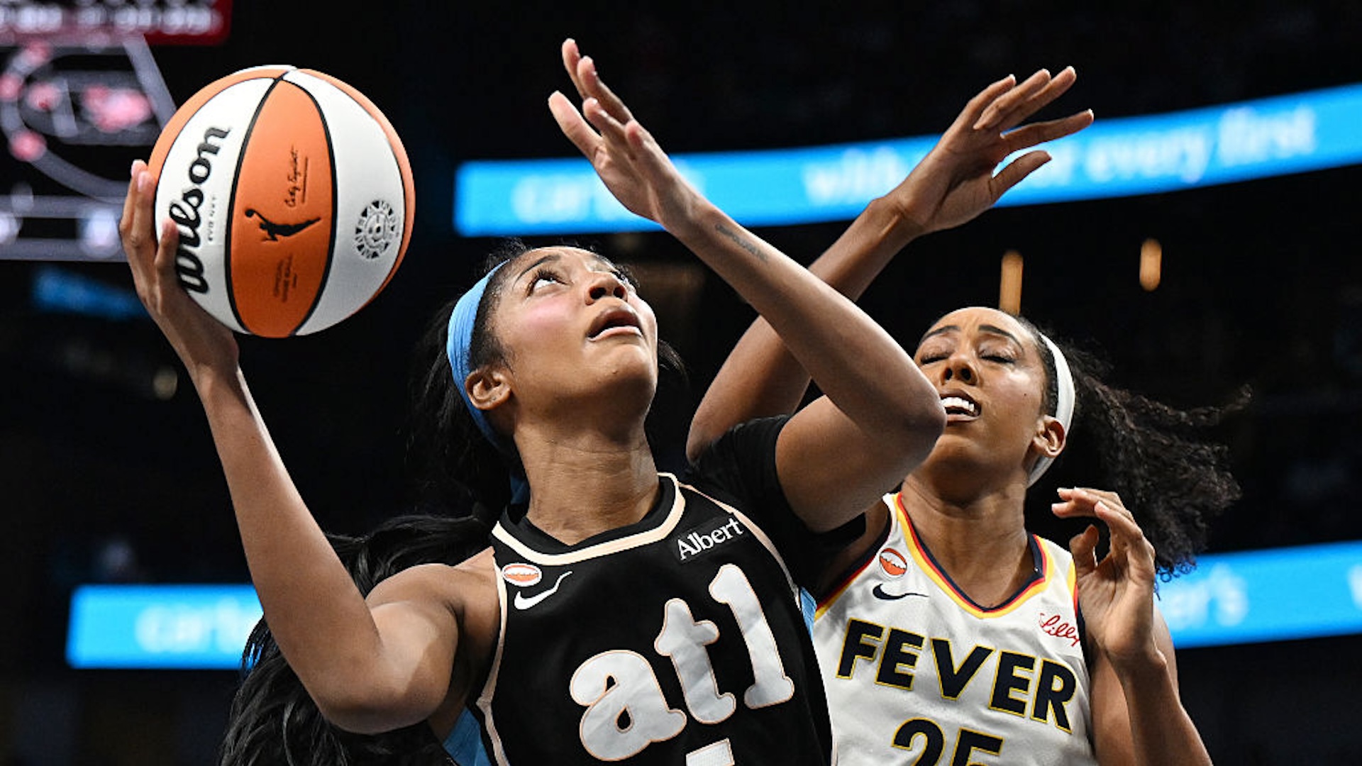 Angel Reese goes up for a shot