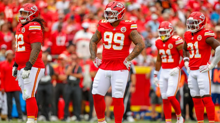Defensive tackle Peter Woods #99 of the Kansas City Chiefs lines up prior to a first quarter play during NFL preseason action against the Los Angeles Rams at Arrowhead Stadium on August 15, 2026 in Kansas City, Missouri.