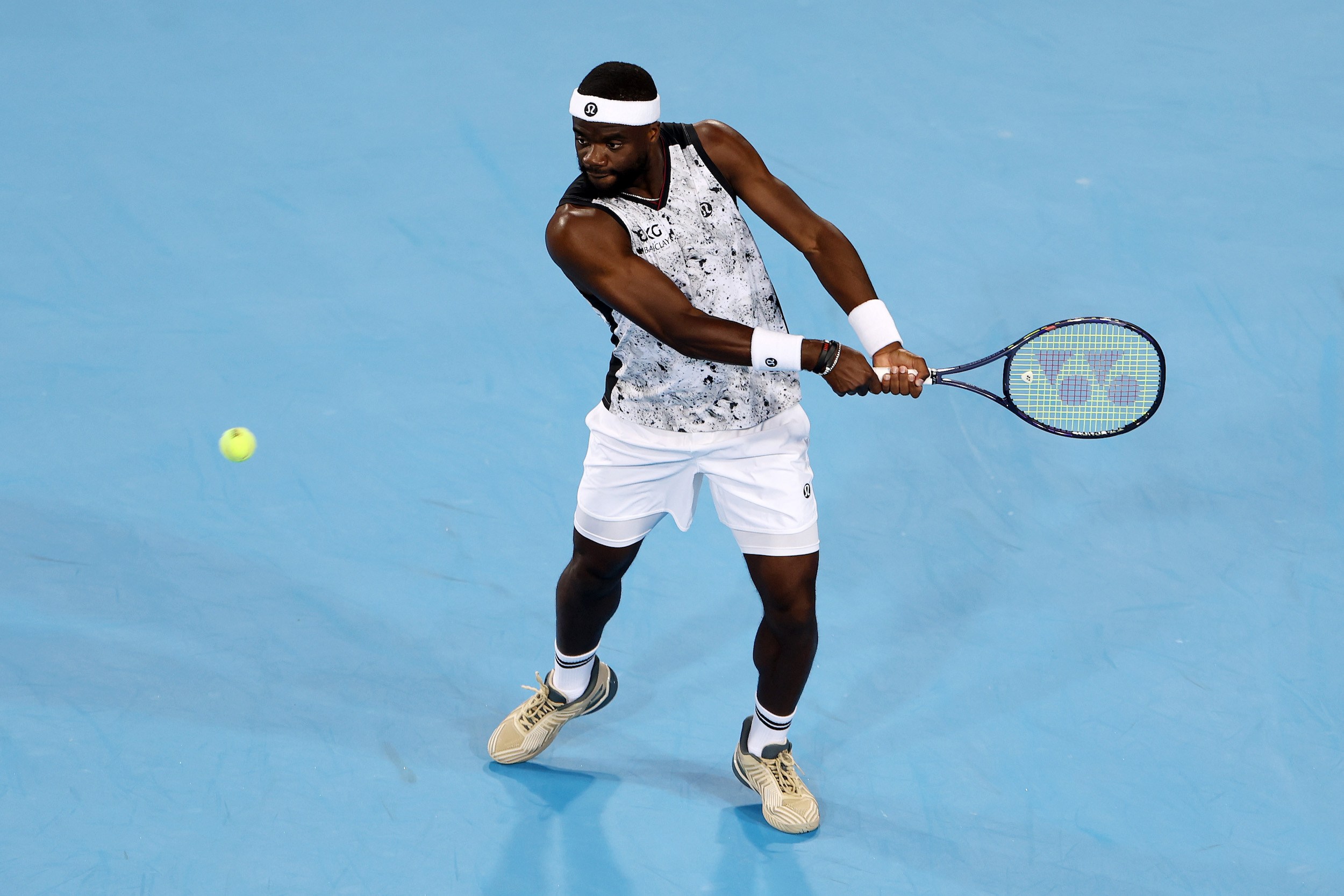 MASON, OHIO - AUGUST 18: Frances Tiafoe of the United States returns a shot during a match against Learner Tien of the United States on day eight of the Cincinnati Open at Lindner Family Tennis Center on August 18, 2026 in Mason, Ohio. (Photo by Emilee Chinn/Getty Images)