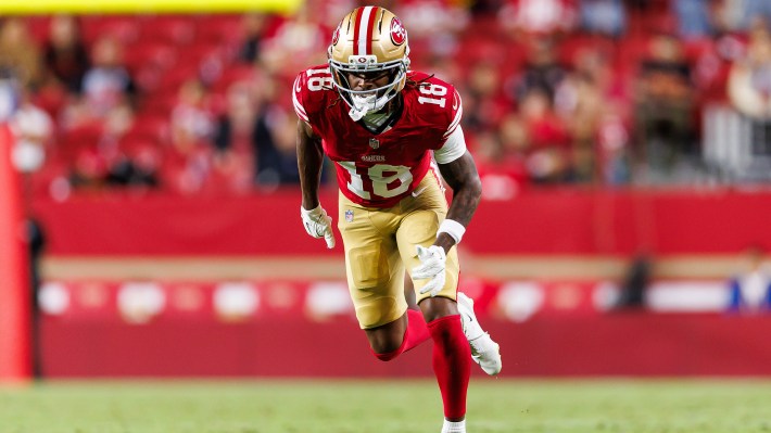 Wesley Grimes #18 of the San Francisco 49ers runs downfield during the fourth quarter of a preseason NFL football game against the Tennessee Titans at Levi's Stadium on August 13, 2026 in Santa Clara, California.