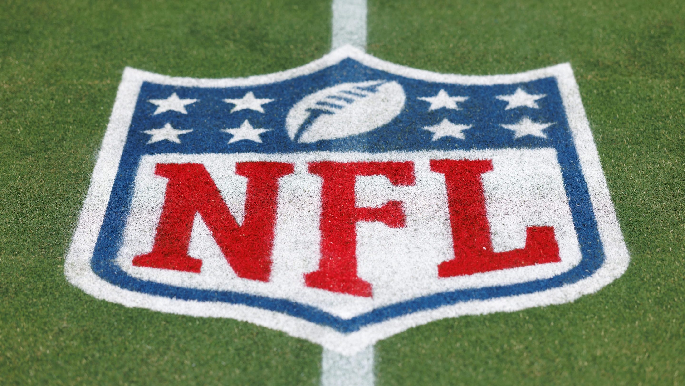 A detail view of the NFL logo painted on the field prior to a preseason NFL football game on August 13, 2026 in Santa Clara, California.