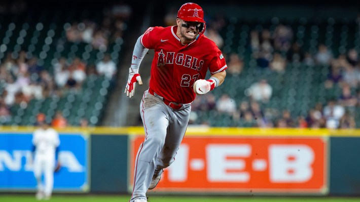 Mike Trout #27 of the Los Angeles Angels scores from first base during the seventh inning against the Houston Astros at Daikin Park on August 20, 2026 in Houston, Texas.