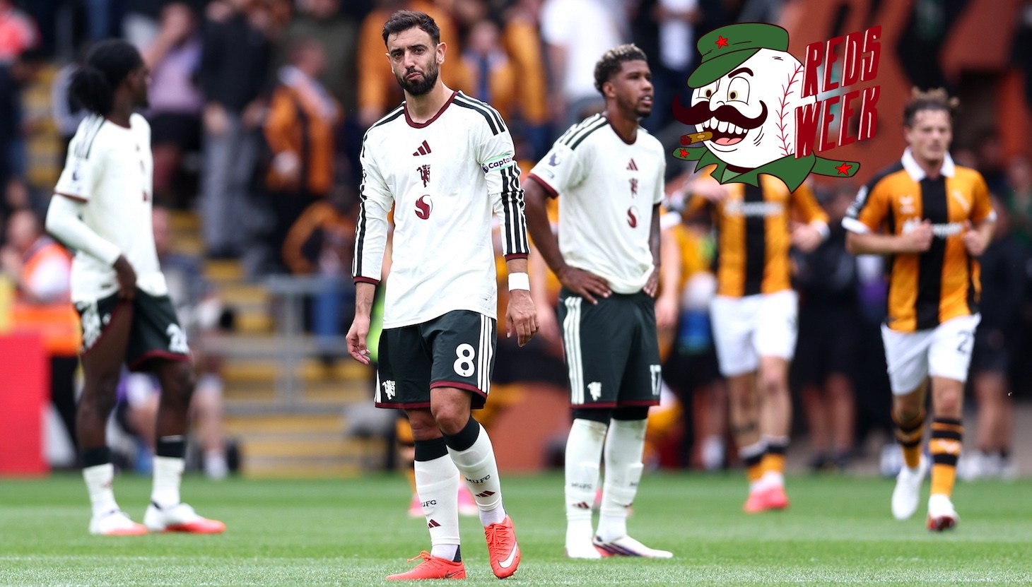 Bruno Fernandes of Manchester United reacts after his team concedes a second goal during the Premier League 2026/27 match between Hull City and Manchester United.
