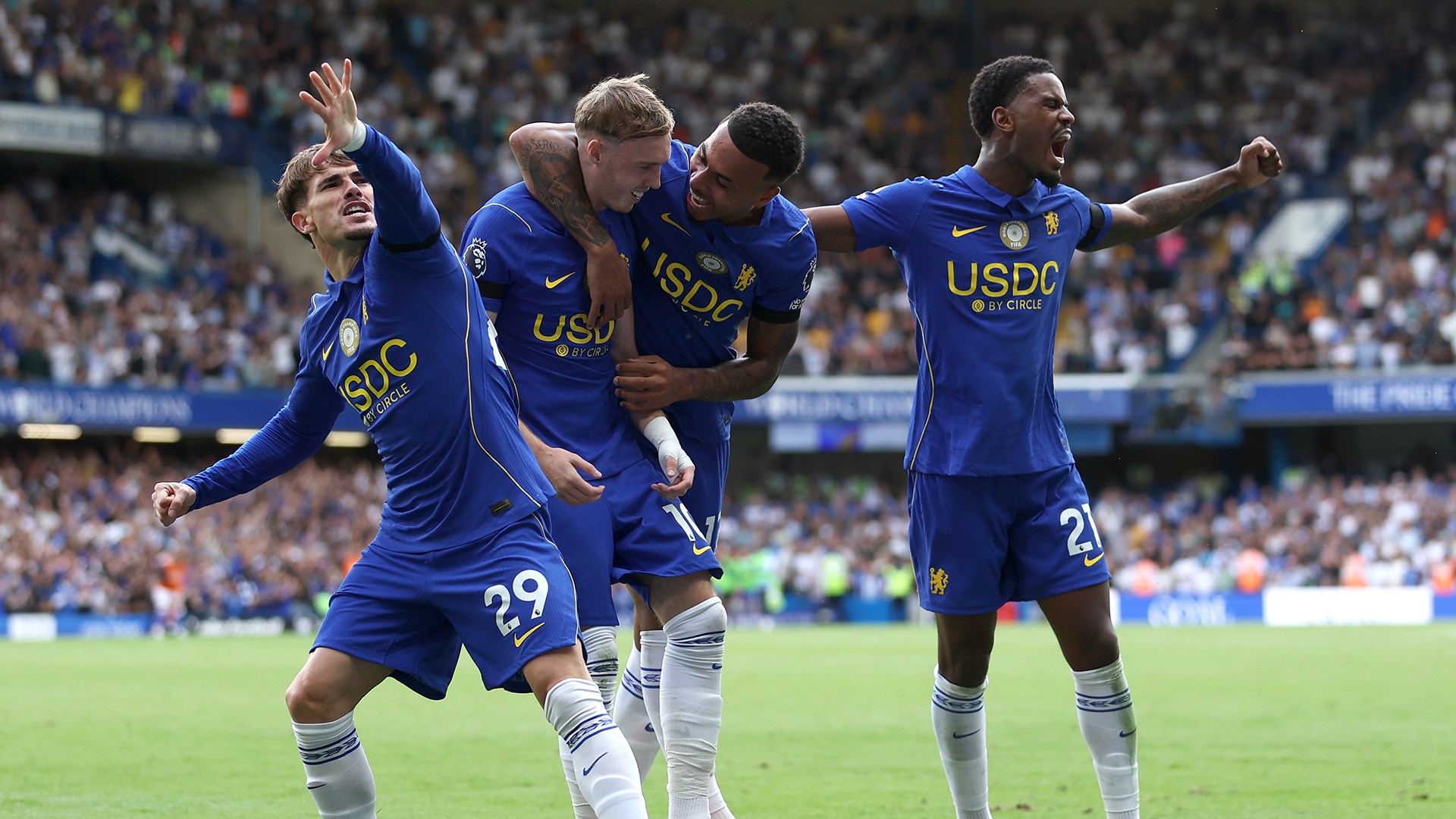 Cole Palmer of Chelsea celebrates scoring his team’s fourth goal with Morgan Rogers, Jorrel Hato and Pep Chavarria during the Premier League 2026/27 match between Chelsea FC and Brighton &amp; Hove Albion at Stamford Bridge on August 30, 2026 in London, England.