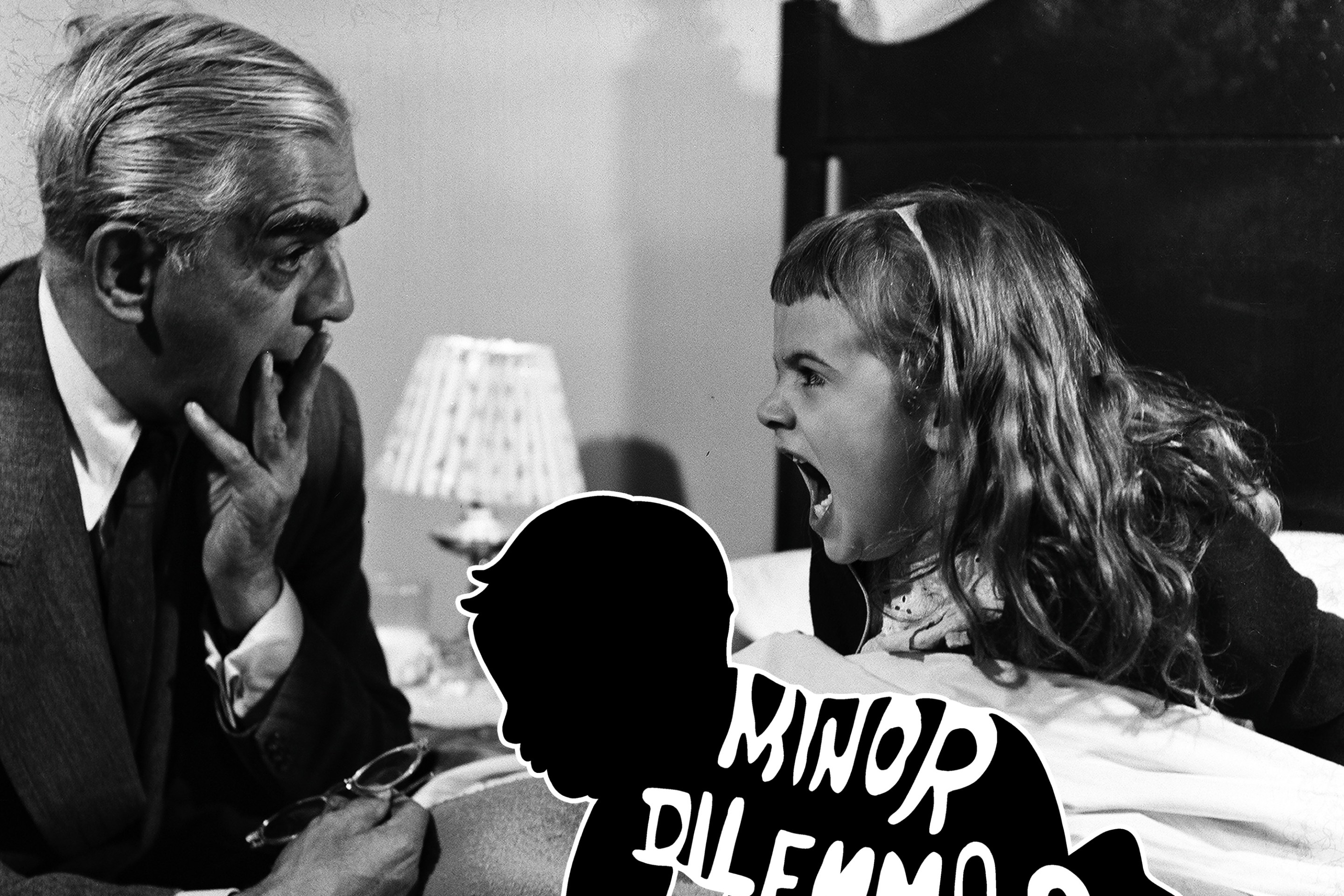 Boris Karloff sits next to a child's bed, and the little girl in the bed seems to be shouting at him. He looks distressed.