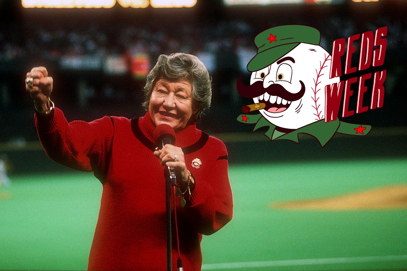 marge schott addresses the crowd before game 1 of the 1990 world series