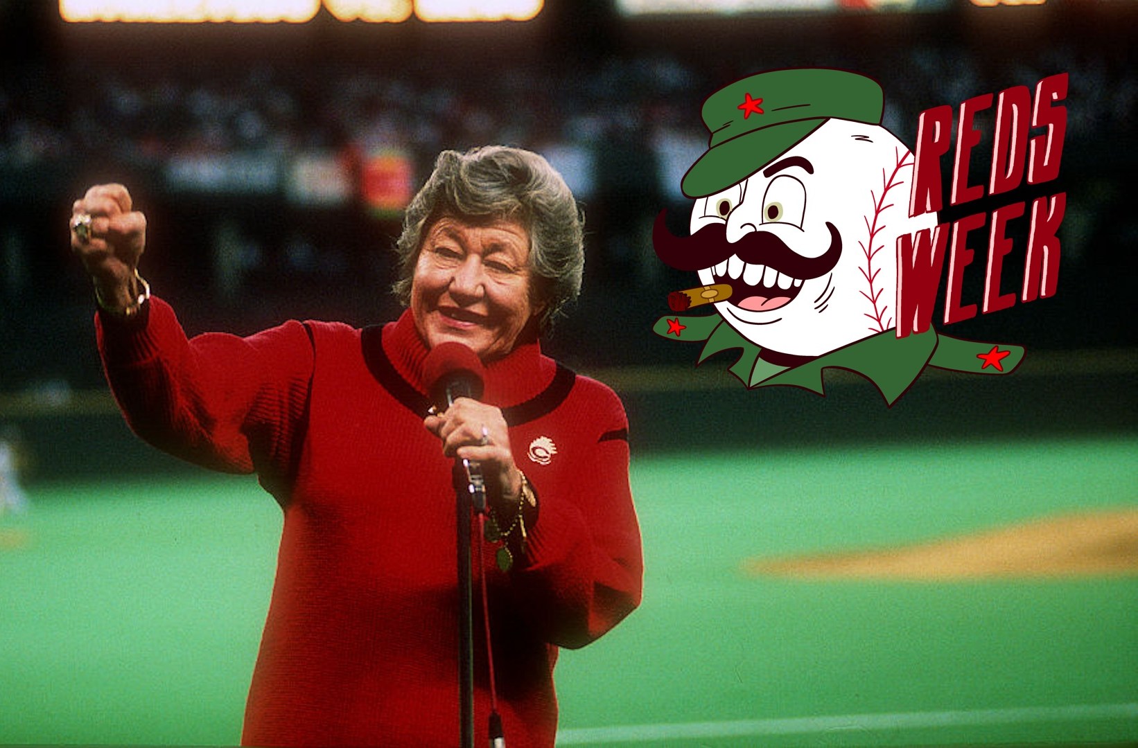 marge schott addresses the crowd before game 1 of the 1990 world series