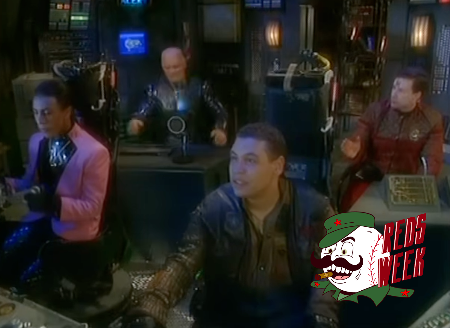 A screenshot of the Starbug's bridge from an episode of Red Dwarf, with the Reds Week logo at lower right.