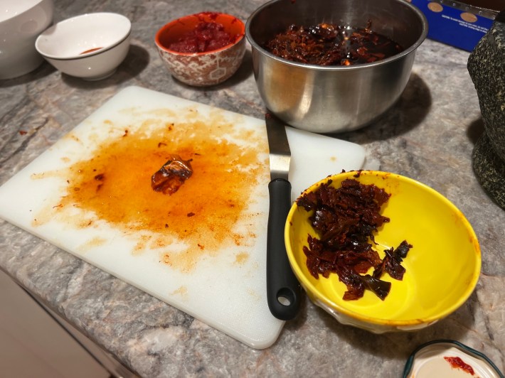 A small bowl contains about a tablespoon of ancho chile flesh.