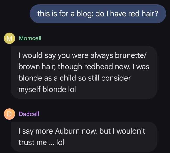 Me: this is for a blog: do I have red hair?Momcell: I would say you were always brunette/brown hair, though redhead now. I was blonde as a child so still consider myself blonde lolDadcell: I saw more Auburn now, but I wouldn't trust me ... lol