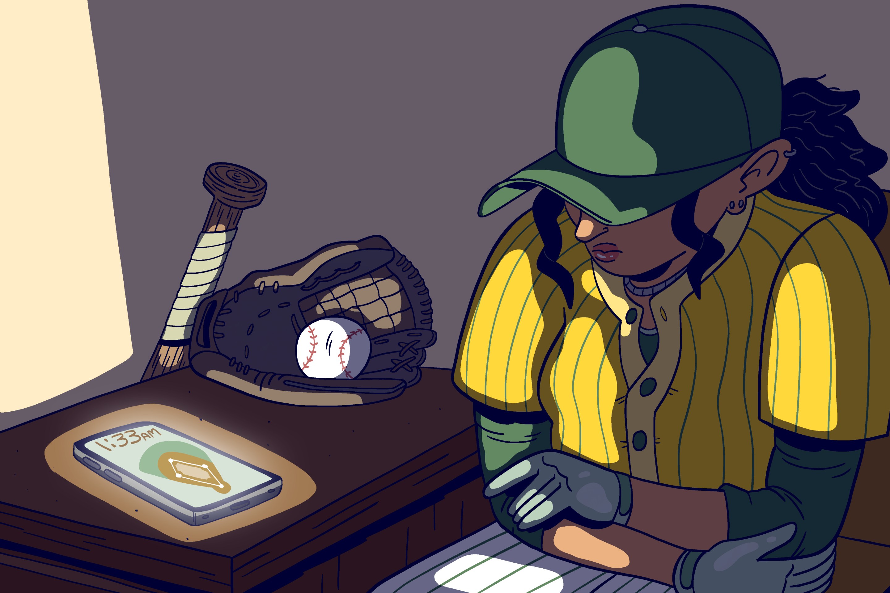 An illustration of a woman baseball player sitting at a desk and waiting for a phone call. A baseball glove, ball, and bat sit on the desk. The phone glows but has no incoming call. The player has her head down and arms crossed in sadness.