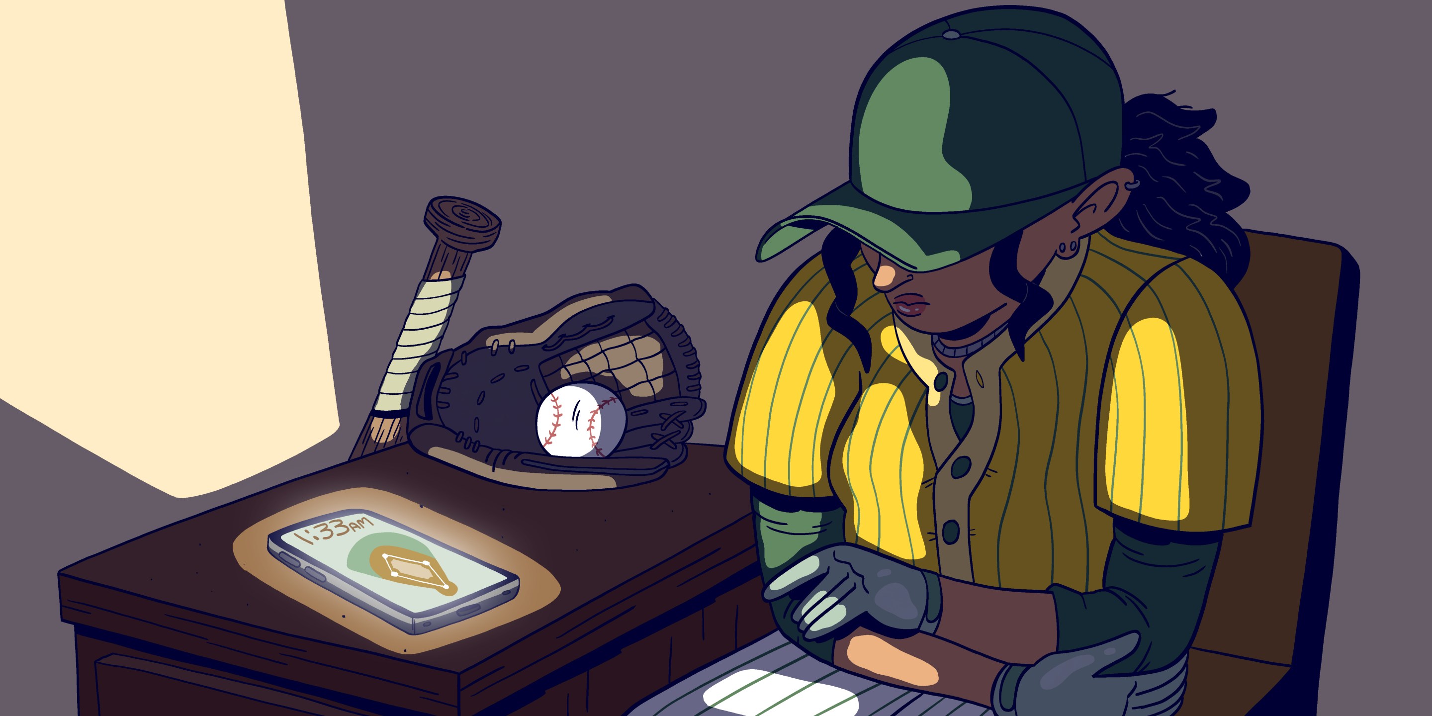 An illustration of a woman baseball player sitting at a desk and waiting for a phone call. A baseball glove, ball, and bat sit on the desk. The phone glows but has no incoming call. The player has her head down and arms crossed in sadness.