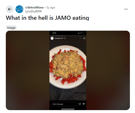 A photo posted by Jameson Williams showing a plate of hot cheetos covered in queso dip