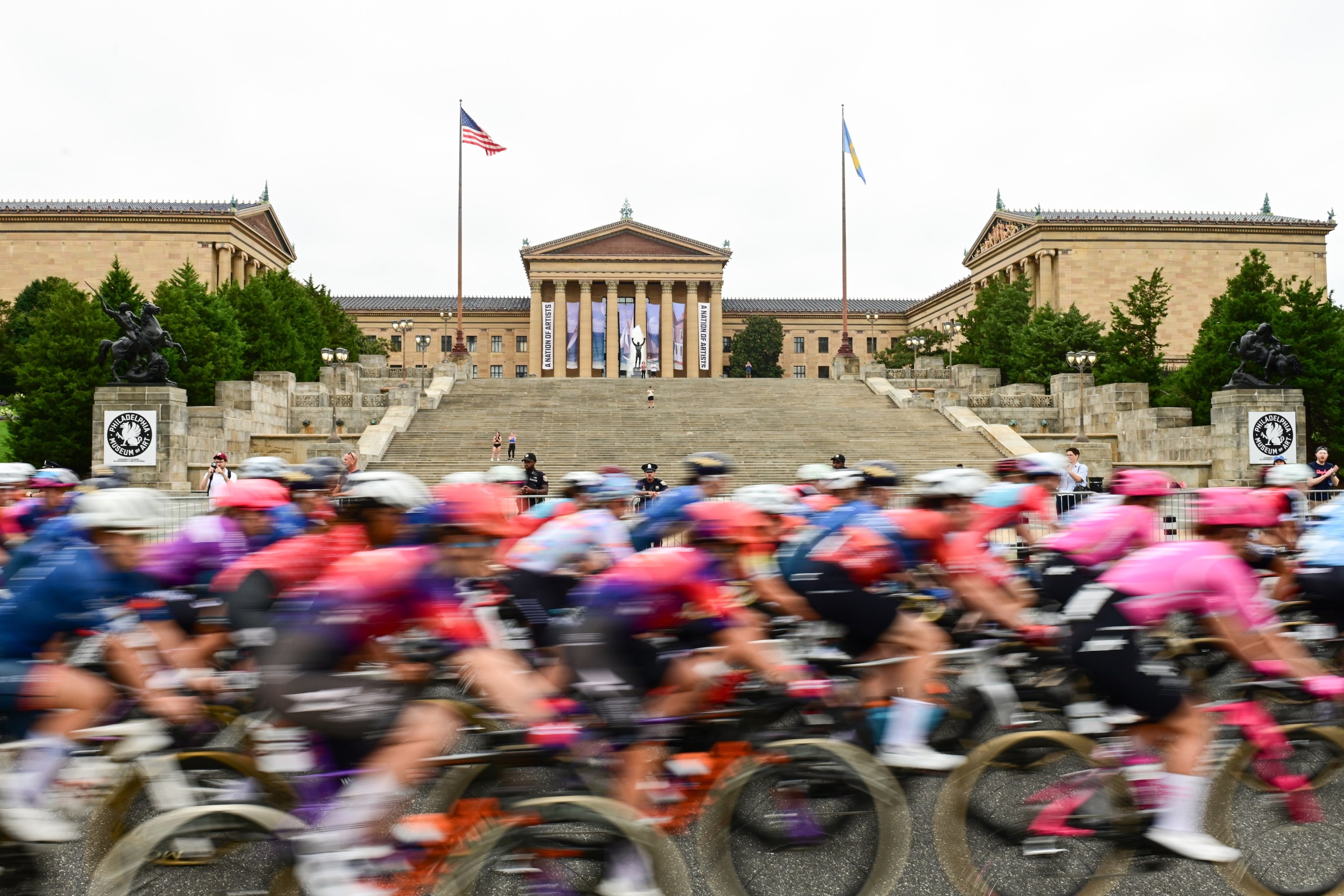 The peloton passes the Philadelphia Museum of Art during the Women's Philadelphia Cycling Classic.