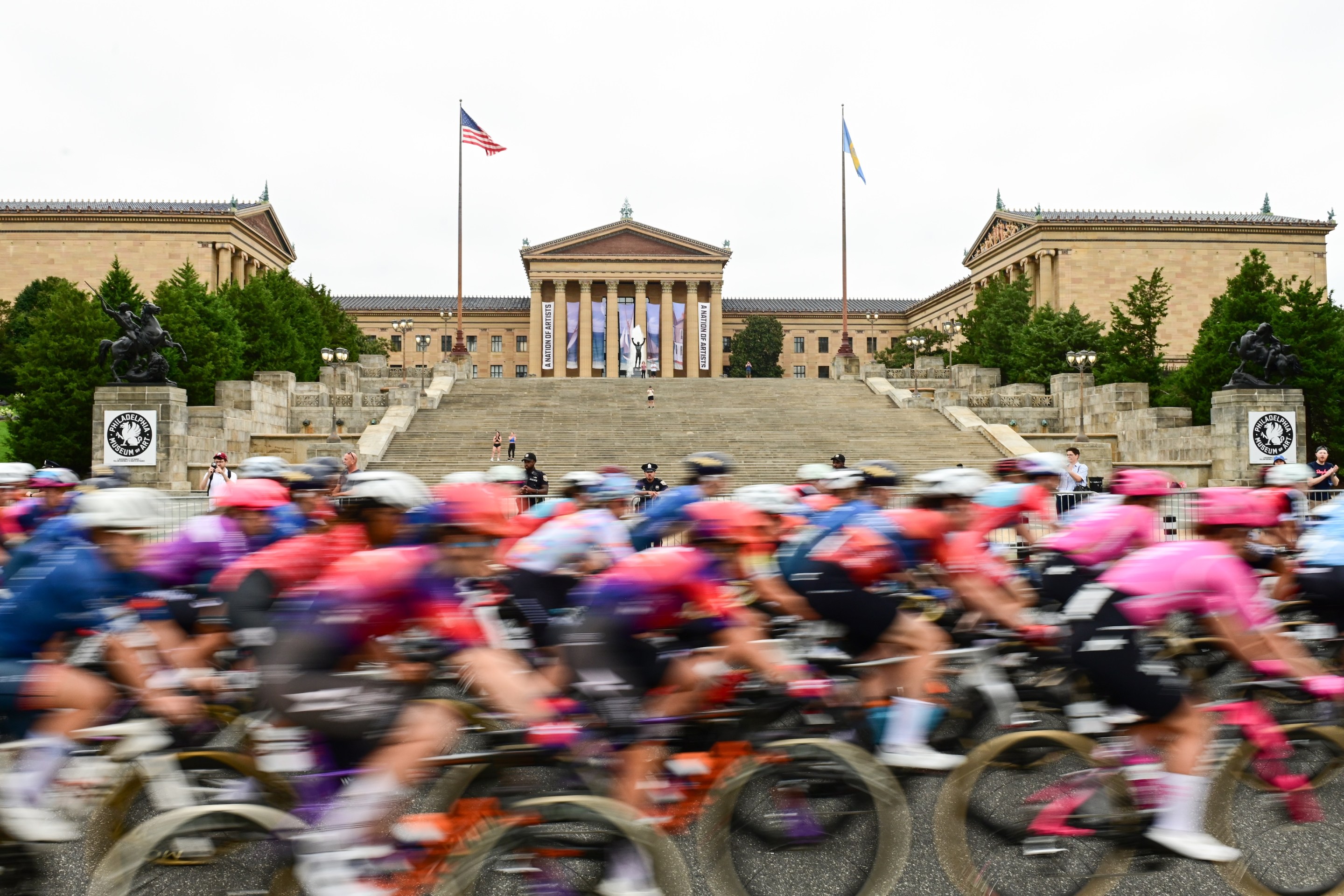 The peloton passes the Philadelphia Museum of Art during the Women's Philadelphia Cycling Classic.