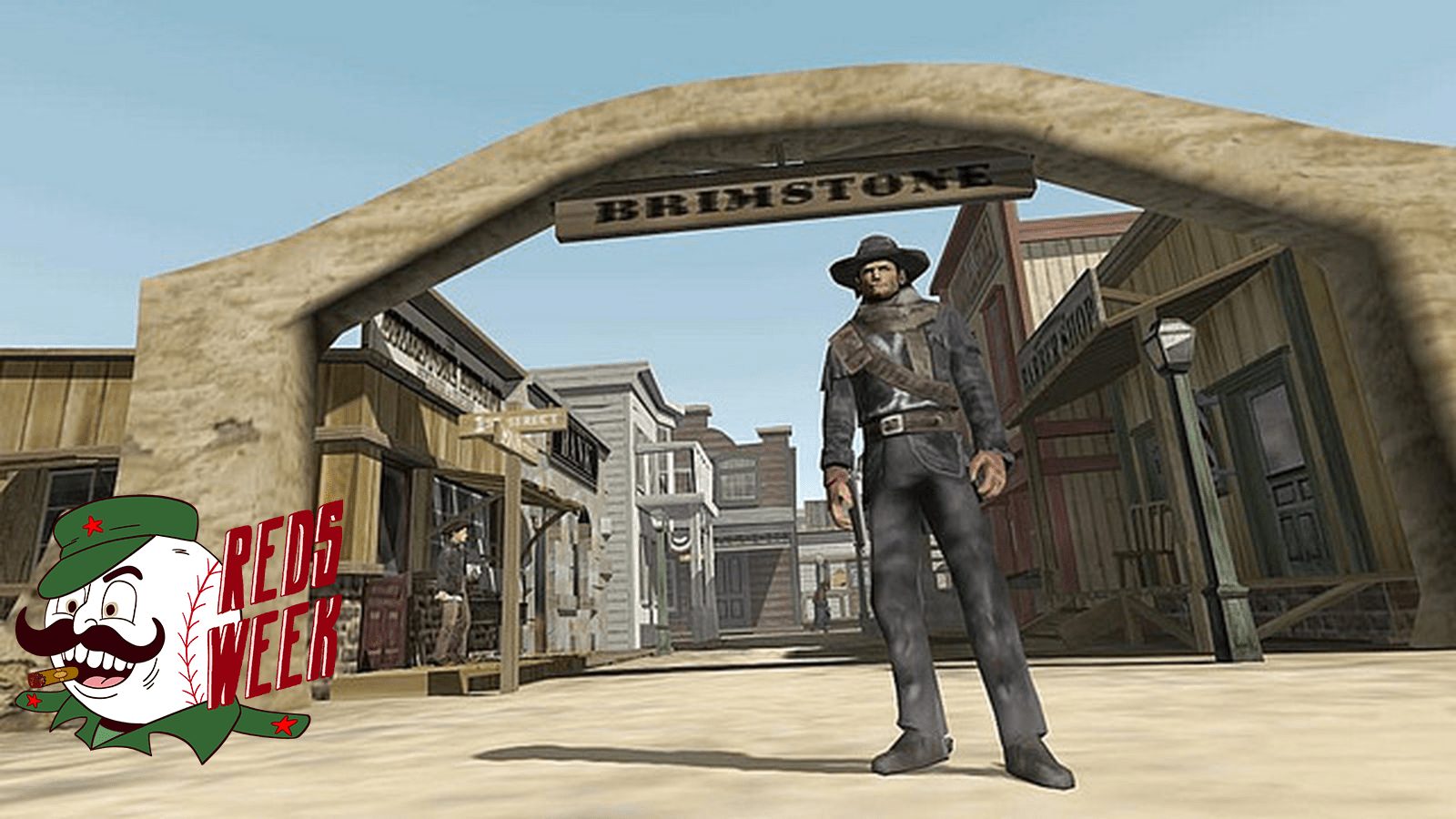 Red from Red Dead Revolver standing just outside of Brimstone, the main city in the game. The Reds Week logo is on the bottom left.