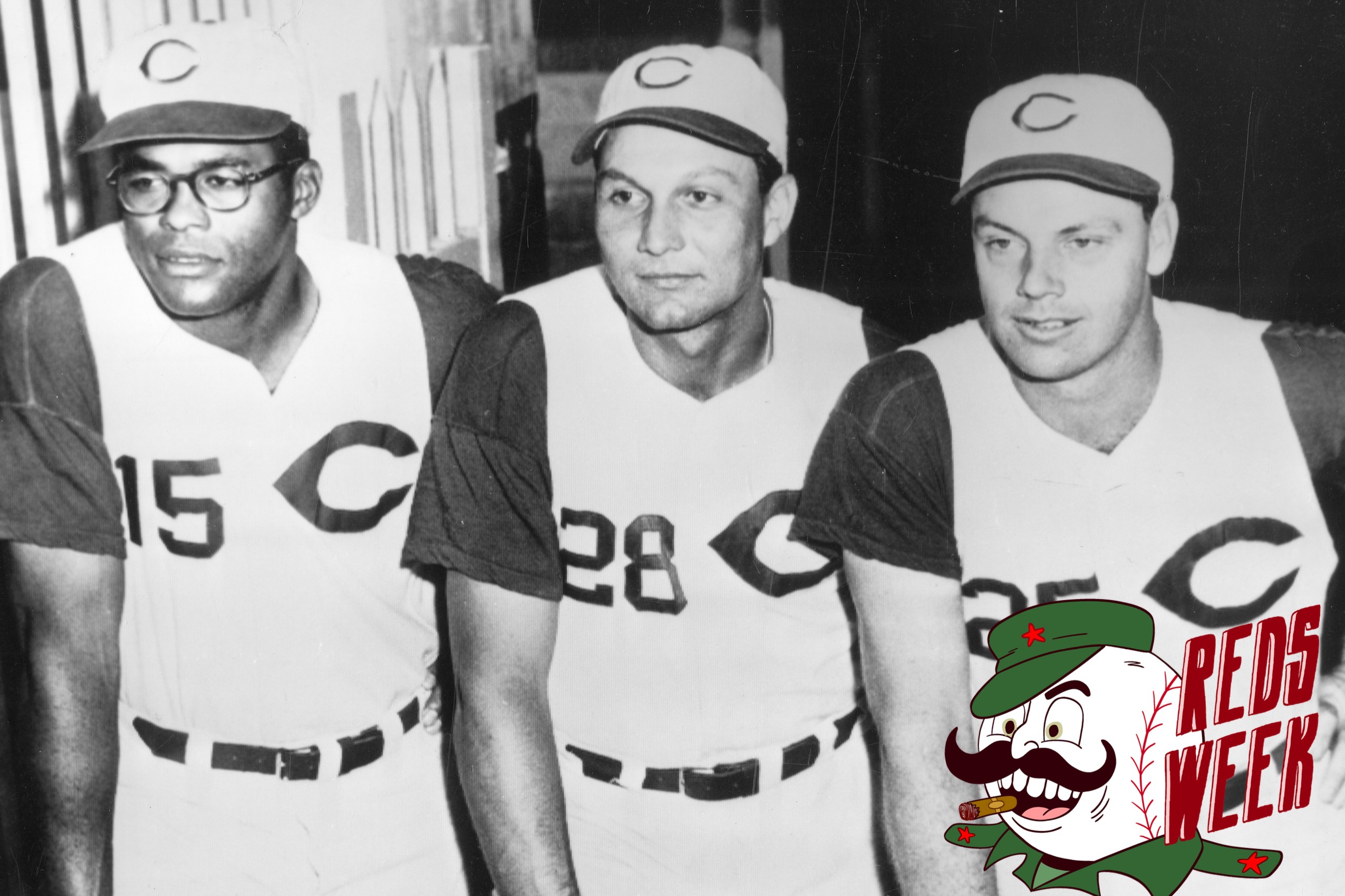 Portrait of, from left, baseball players George Crowe, Wally Post, and Gus Bell, all of the Cincinnati Reds, as they pose at Crosley Field, Cincinnati, Ohio, 1957. (Photo by Transcendental Graphics/Getty Images)