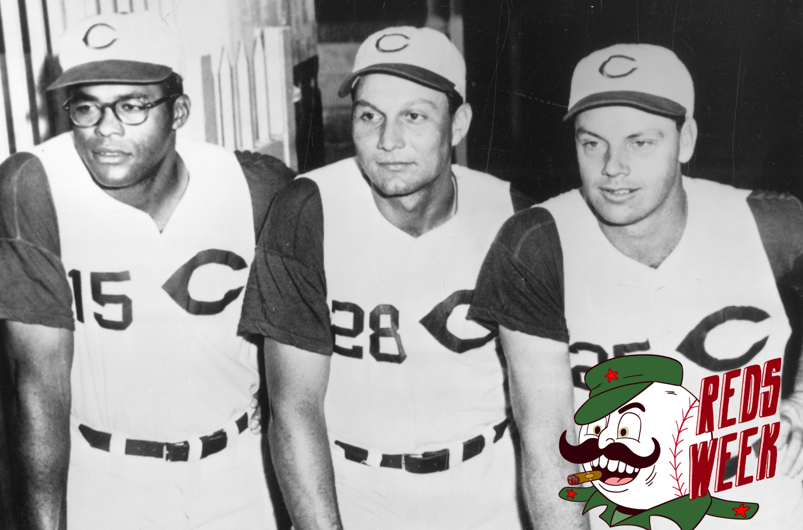 Portrait of, from left, baseball players George Crowe, Wally Post, and Gus Bell, all of the Cincinnati Reds, as they pose at Crosley Field, Cincinnati, Ohio, 1957. (Photo by Transcendental Graphics/Getty Images)