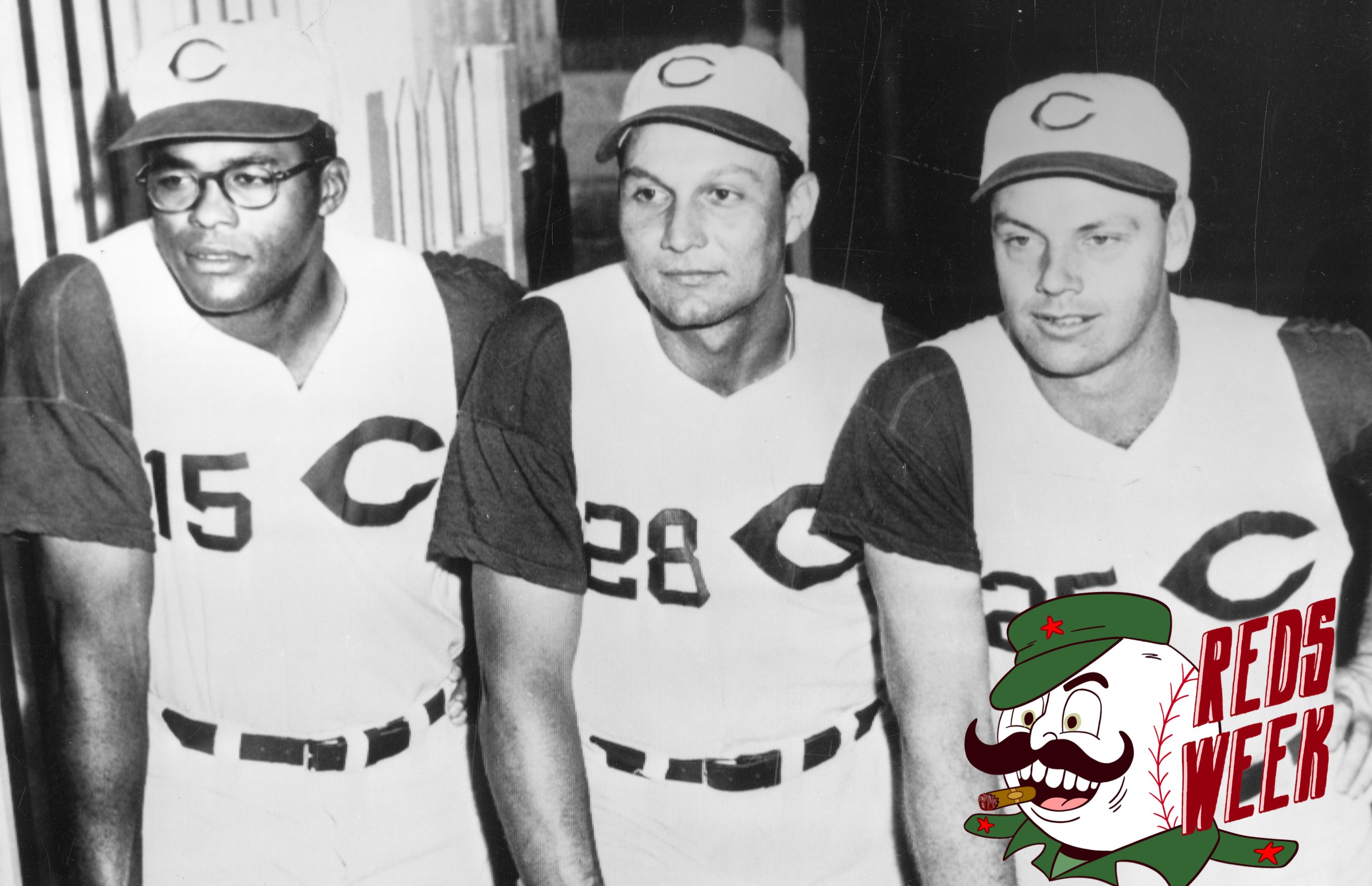 Portrait of, from left, baseball players George Crowe, Wally Post, and Gus Bell, all of the Cincinnati Reds, as they pose at Crosley Field, Cincinnati, Ohio, 1957. (Photo by Transcendental Graphics/Getty Images)
