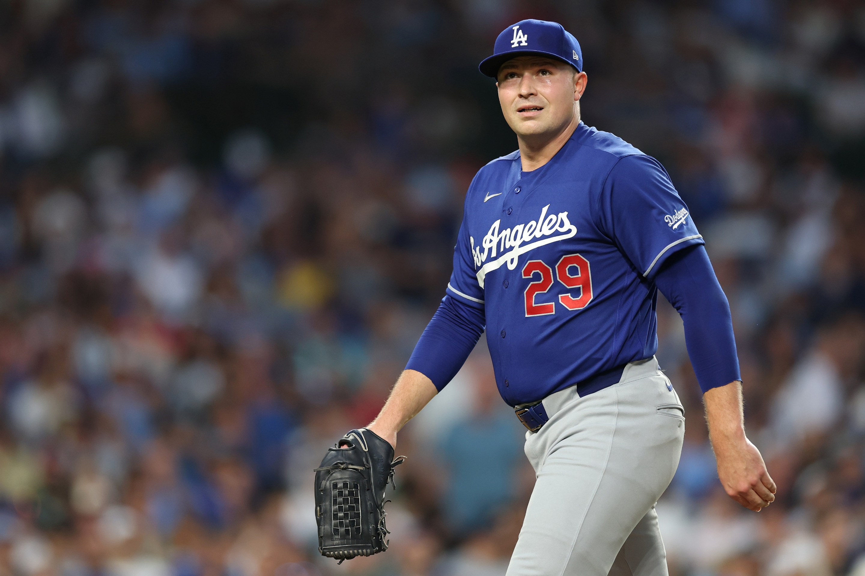 Tarik Skubal #29 of the Los Angeles Dodgers reacts against the Chicago Cubs at Wrigley Field.