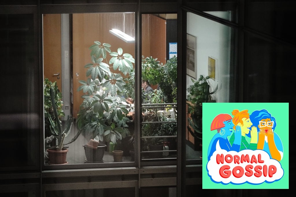 A woman sits alone in her office in the evening surrounded on all sides by plants, obscuring her view out the window.